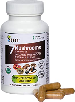 Sayan 7 Mushroom Extract Capsules - Immune Défense, Energy, Brain Health Function Support Complex - Organic Chaga, Reishi, Lion's Mane, Maitake, Shiitake, Turkey Tail Adaptogen Blend - 90 Vegan Caps