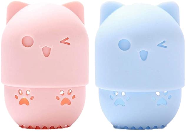 2 Pcs Makeup Sponge Silicone Travel Case Silicone Makeup Sponge Holder Travel Case Cute Cat Shape Cosmetic Sponge Drying Holder Rack Washable & Reusable Makeup Blender Container for Home