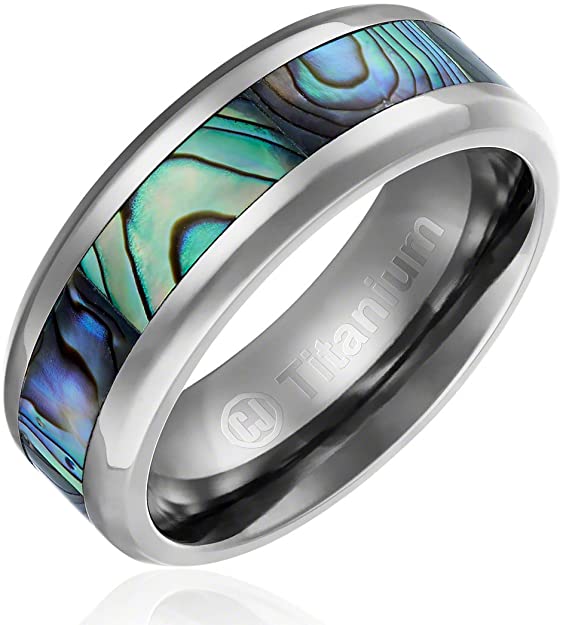 Cavalier Jewelers 8MM Comfort Fit Titanium Wedding Band | Engagement Ring with Abalone Shell Inlay | Beveled Edges