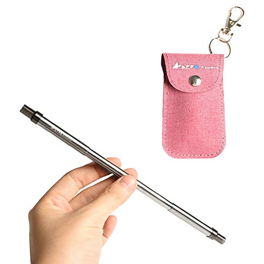 ASPERO Reusable Straw Collapsible Stainless Steel Straws Length of 8.3 inch Retractable Metal Drink Straw Keychain Case with Cleaning Brush [Thin-Red]