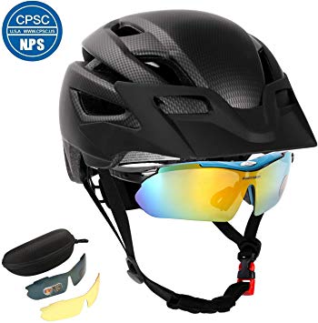 Odoland Bike Helmet with Detachable Goggle, Bike Headlight and Bike Taillight for Road or Mountain Cycling，Lightweight Adjustable and Breathable Bicycle Helmet for Adults and Youth, CPSC Certification