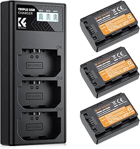 K&F Concept NP-FZ100 Battery 3-Pack and Triple Battery Charger for Sony A7iii, A7iv, A7C, ZV-E1, FX3, FX30, A9, A6600, Alpha 9, Alpha 9S, A9S, A7R3, A7R4 Camera Batteries, 2280mAH