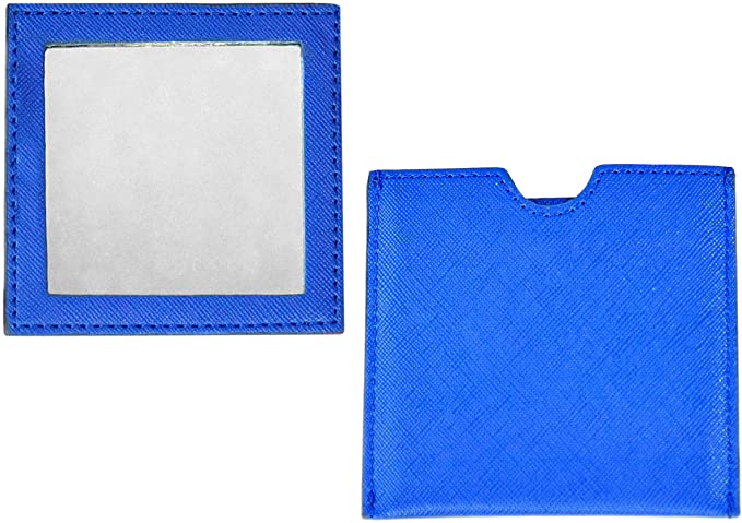 Home-X Square Compact Travel Mirror with Protective Sleeve, Hand Mirror, Blue - 3 1/2" L x 1/8” H