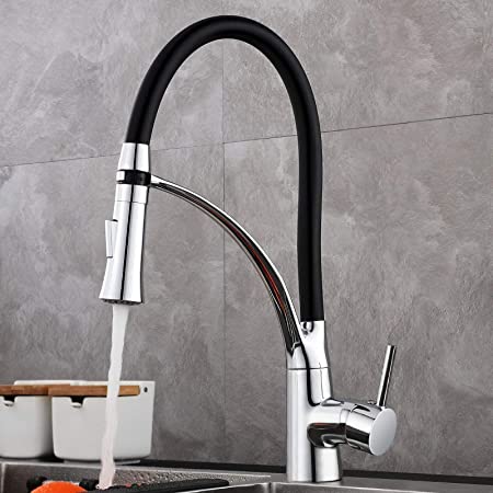 Kitchen Taps, Kitchen Tap with 360° Swivel Kitchen Mixer and Black Silicone Hose ，Kitchen Mixer tap with 2 Modes Extractable Handheld Shower Cold & Hot Water Available Chrome Finish Solid Brass