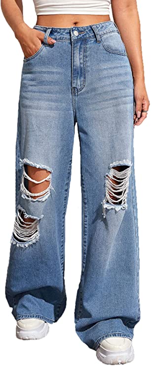 SweatyRocks Women's Casual Loose Ripped Denim Pants Distressed Wide Leg Jeans