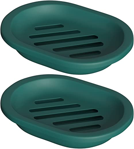 Topsky 2 Pcs Soap Dish for Shower, Soap Dishes Soap Savers for Bar Soap, Soap Bar Holder Shower with Drip Tray, Plastic Double Layer Draining Soap Box for Bathroom - Dark Green