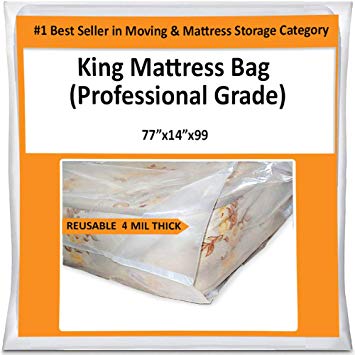 King Mattress Bag Cover for Moving Storage - Plastic Protector 4 Mil Thick Supply -Fits California King and Queen as Well