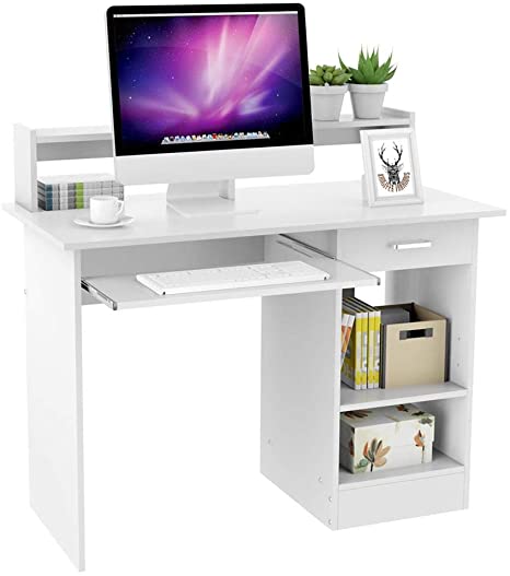 Yaheetech White Computer Desk with Drawers Storage Shelf Keyboard Tray - Home Office Laptop Desktop Table for Small Spaces