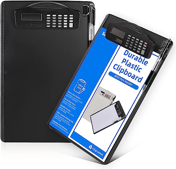 Sunnyclip Clipboard with Pen Holder & Calculator, [20% Thicker & Durable] Plastic Clip Board with Side Ruler, 9x13 Hanging Contractor Clipboard for Letter Size/A4 Paper, for Work, Office, School,Black