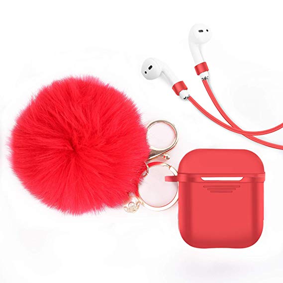 Airpods Case Cover - LEWOTE Airpods Silicone Cute Accessories [Protective Case, Anti-Lost Strap, Fur Ball Keychain] for Apple Airpod 1&2 (Red)