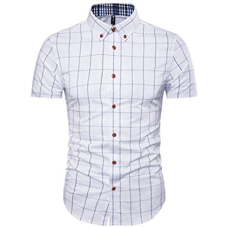MUSE FATH Mens 100% Cotton Short Sleeve Shirt-easycare Short Sleeve Plaid Shirt