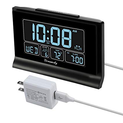 DreamSky Auto Set Digital Alarm Clock with USB Charging Port, 6.6" Large Screen with Time/Date/Temperature Display, Full Range Brightness Dimmer, Auto DST Setting, Snooze, Backup Batteries,12/24Hr.