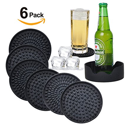 Silicone Drink Coasters Set of 6-Deep Tray,Large 4.3 inches Size Protect Table Desk From Drinks, Beverage,Water or Alcohol Like Whiskey, Beer, Wine,Tropical Cocktails by Kindga (Black-Mixed)