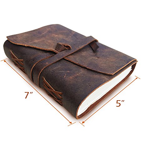 LEATHER JOURNAL Writing Notebook - Antique Handmade Leather Bound Daily Notepad For Men & Women - Unlined Paper Medium 18x13cm - Perfect Gift for Art Sketchbook, Travel Diary & Notebooks to Write in