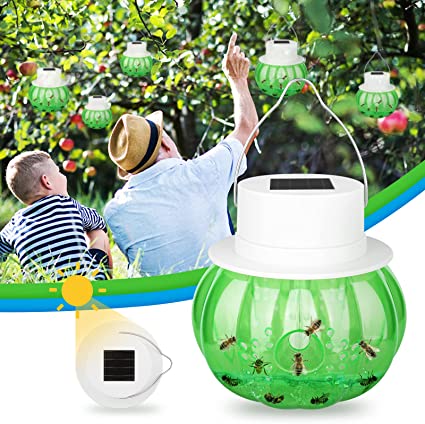 Bee Wasp Trap Catcher Outdoor Hanging,Hornet and Wasp Traps Killer for Outside Refill,Solar Powered Hornet Trap with Light,Wasp and Bee Repellent Outdoor Patio Garden,Non-toxic Reusable Hanging(Green)