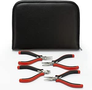 The Beadsmith Ergonomic Pliers Set – Extra Fine Tips – 5 Inches, 4-Pieces: Round Nose, Chain Nose, Flat Nose & Semi-flush Side Cutter – Leatherette Carrying Case Included – Tools for Jewelry Making