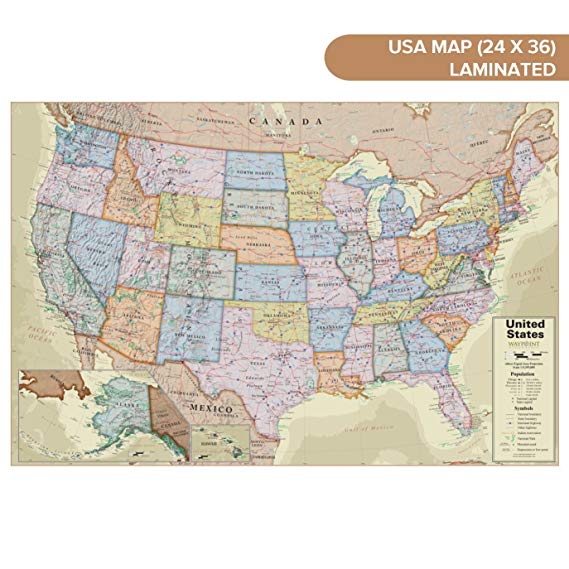 Waypoint Geographic USA Wall Map Antique Ocean (24" x 36") - Current UP-to-Date - 1000's of Named Locations & Points of Interest - Rolled & Laminated - Display in Office, Classroom or Home
