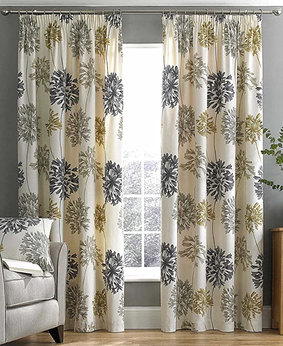 Dandelion Floral Printed Fully Lined 3" Tape Top Curtains (Pair) in Natural - 90" (229cm) Wide x 90" (229cm) Drop