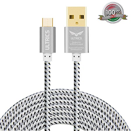 Premium ULTRICS® Hi-Speed Extra Long Nylon Braided Tangle-Free USB 2.0 Micro USB Charging/Sync Cable For Micro USB Male to USB Male Adapter Cable Universal for Samung Galaxy Note S5 S4 S3 S2 Tab 3 Note 10.1 2014 Edition | Google Nexus 5 4 7 10 2013 | HTC One M8 | Moto G | Nokia Lumia | Sony Xperia Phone Tablet (3 Meters, White)