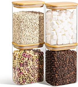 ComSaf 37oz Rectangle Glass Storage Containers with Lids, Glass Jars with Bamboo Lids, Clear Food Storage Jar, Sugar Coffee Containers, Pantry Storage Container for Pasta Tea Candy Nuts