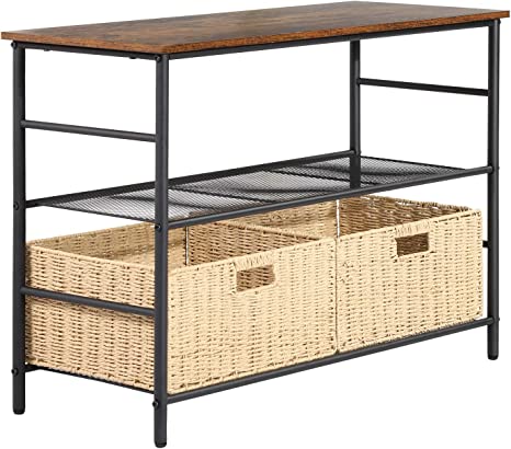 VECELO Industrial Console Sofa Side Table Wicker Basket Storage, Rustic Narrow Accent Furniture for Entryway, Bathroom, Living Room, Easy Assembly, Wide 2-Layers, Brown