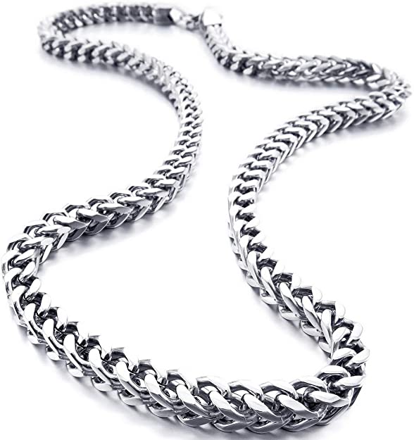 INBLUE 6MM Wide Chain Necklace for Men Women Boys Girls Stainless Steel Cuban Link Chain Necklaces Water Resistant Thick Metal Foxtail Chains (3 Colors - Silver Black Gold, 21.6 Inch Long)