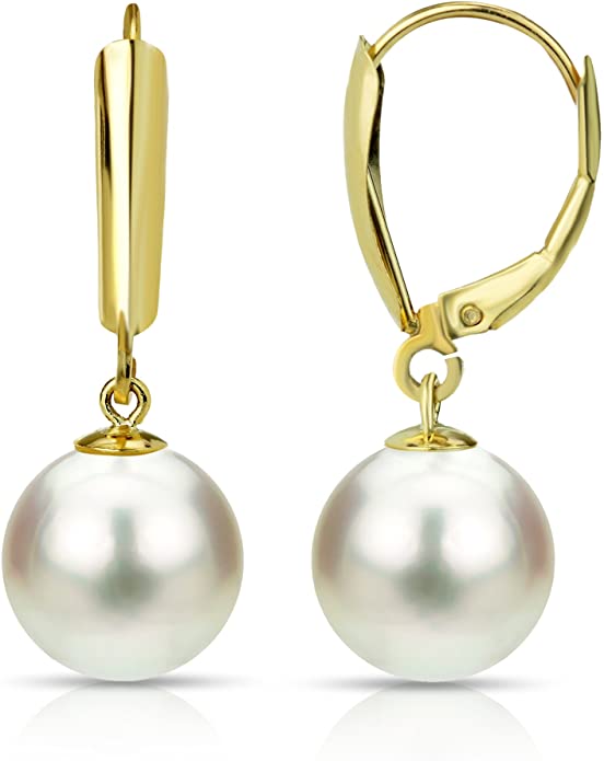 White Cultured Freshwater Pearl Earrings Leverback Dangle 14K Gold Jewelry for Women (Choice of Pearl Sizes and Metal Type)