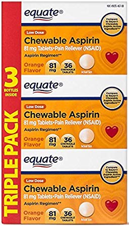 Equate Aspirin 81 Mg, Adult Low Dose, Orange Flavor, 108 Chewable Tablets, (Compare to Bayer Chewable Aspirin)