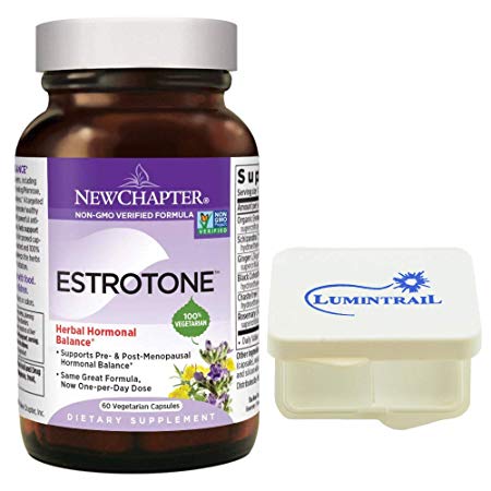 New Chapter Menopause Supplement - Estrotone with Evening Primrose Herbal Hormonal Balance - 60 Vegetarian Capsules Bundle with a Lumintrail Pill Case