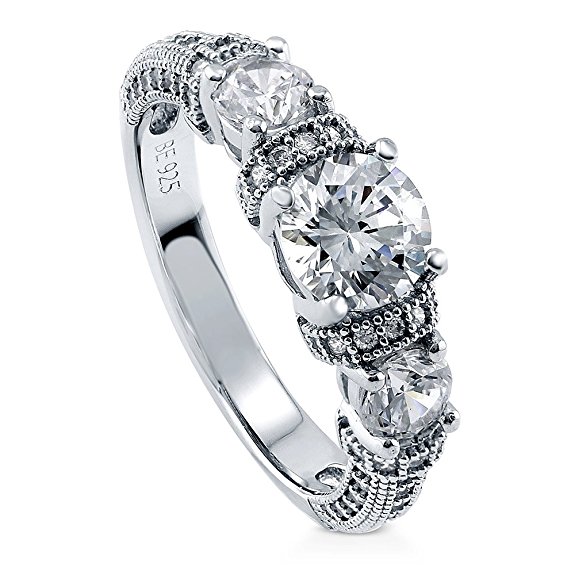 BERRICLE Rhodium Plated Sterling Silver Cubic Zirconia CZ 3-Stone Art Deco Promise Engagement Ring