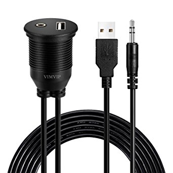 VIMVIP USB & 3.5mm AUX Extension Flush Mount 2 Meter Audio Cable , 1/8 AUX Car Bike Boat Motercycle Lead