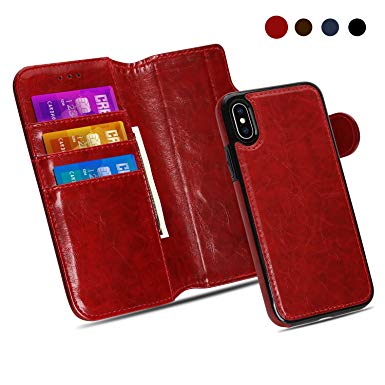 iPhone X Leather Flip/Folio Wallet Case with Magnetic Detachable Slim Case 3 Credit Card Holder/Slot 2 Way Kick-stand/Desk Stand Antishock/Strong Adsorption to Magnetic Car Mount-Wine Red by Weforever