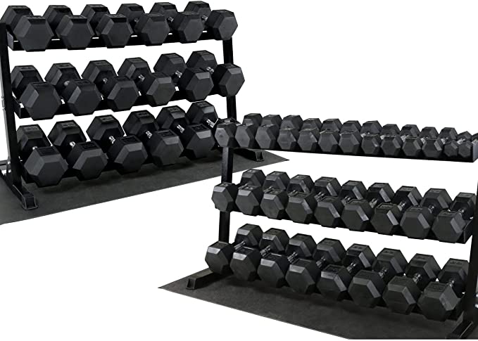 WF Athletic Supply Rubber Coated Hex Dumbbell Set, Multiple Choices Available - Dumbbells with Rack Stand and Mat, or Dumbbells Only (200/550/1200/2100/3000 LB)