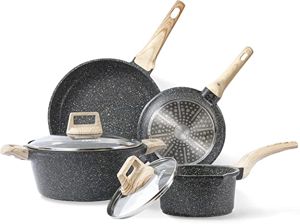 CAROTE Nonstick Granite Cookware Sets, 6-Pcs Pots and Pans Set, Non Stick Stone Kitchen Cooking Set (Classic Granite, Induction Cookware)