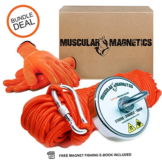 925lb Fishing Magnet Bundle Pack - Includes 6mm 100ft High Strength Nylon Rope with Carabiner, Non-Slip Rubber Gloves & Super Strong 925lb (420kg) Pulling Force Rare-Earth Magnet with Eyebolt