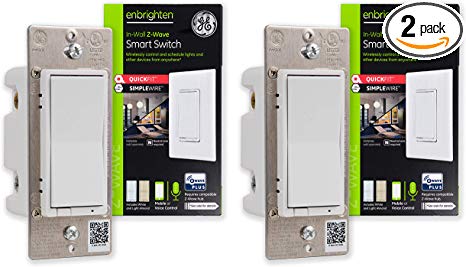 GE 47900 Enbrighten Z-Wave Plus Smart Light Switch 2-pack with QuickFit and SimpleWire, Works with Alexa, Google Assistant, Zwave Hub Required, 3-Way Ready 2nd Gen, White & Light Almond