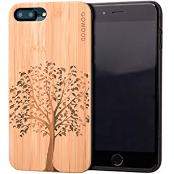 iPhone 7 Plus and 8 Plus Case - Wood - Real Natural Bamboo Wooden Backplate with Unique Tree Design and Shock Absorbing Polycarbonate Protective Bumper