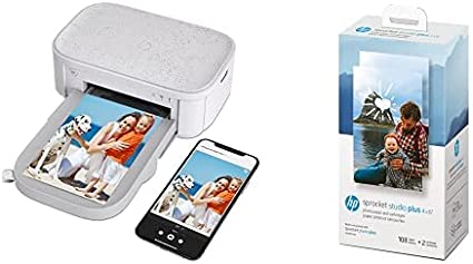 HP Sprocket Studio Plus and Photo Paper Bundle - Wireless Printer and Double Pack of Paper Cartridges