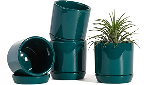 POTEY 055308 Succulent Pots with Drainage Hole & Saucer - 3.1 Inch Glazed Ceramic Small Planters Pot Indoor for Plants Cactus Succulent(Shiny Green, Set of 4, Plants NOT Included)