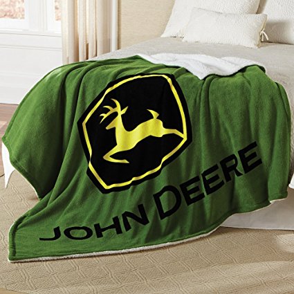 John Deere Logo Thick Sherpa and Fleece Green Blanket