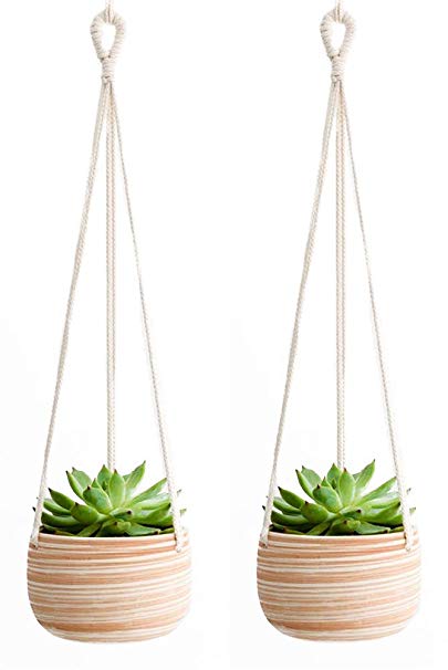 Mkono 2 Pcs Ceramic Hanging Planter Macrame Plant Holder 5 Inch Cute Succulent Cactus Pot with Cotton Rope Hanger for Indoor Outdoor Decor