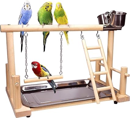 kathson Parrots Playground Bird Perch Gym Playpen with Ladder Swings Feeding Cups for Parakeets African Grey Conures Cockatiel Cage Accessories Exercise Toys