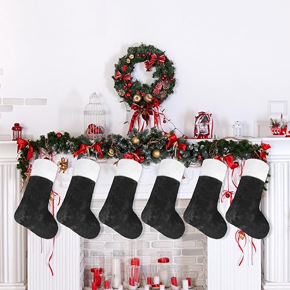 CCINEE Christmas Black Stockings,6 Pack 18 Inches Large Stockings with Plush Cuff,Classic Christmas Stockings Decorations for Xmas Party Favor Gifts Fireplace Decor