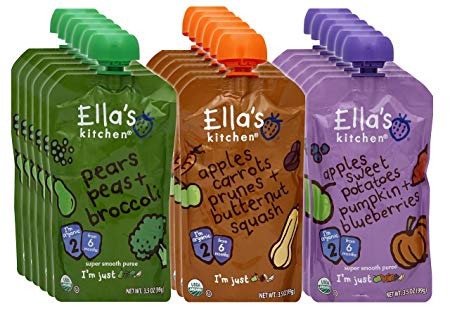 Ella's Kitchen 6  Months Organic Baby Food, Fruits and Vegetables Variety Pack, 3.5 oz. Pouch (18 Count)