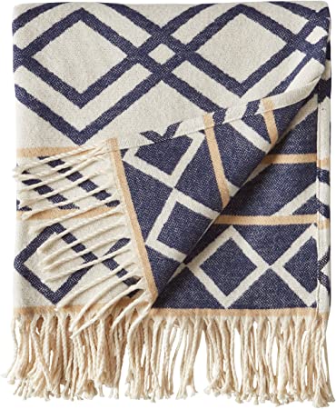 Rivet Global Inspired Geometric Throw Blanket, Soft and Stylish, 50" x 60", Navy and Natural