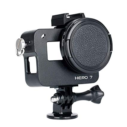Metal Frame Housing Shell Compatible with Gopro Hero 7 ONLY Protective Case Cover Quick Mic Adapter Action Camera with 52mm UV Lens Filter Aluminum Alloy Side Open Skeleton Black