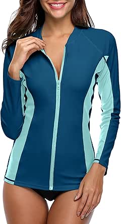 ATTRACO Women's Rashguard Swimsuit Zip Front Sun Protection Swim Shirt UPF 50