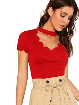 Romwe Women's Scalloped Cut Out V Neck Short Sleeve Sexy Tee Tops