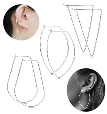 FIBO STEEL 3 Pairs Stainless Steel Geometric Thin Hoop Earrings for Women Girls Drop Dangle Earring Jewelry Set