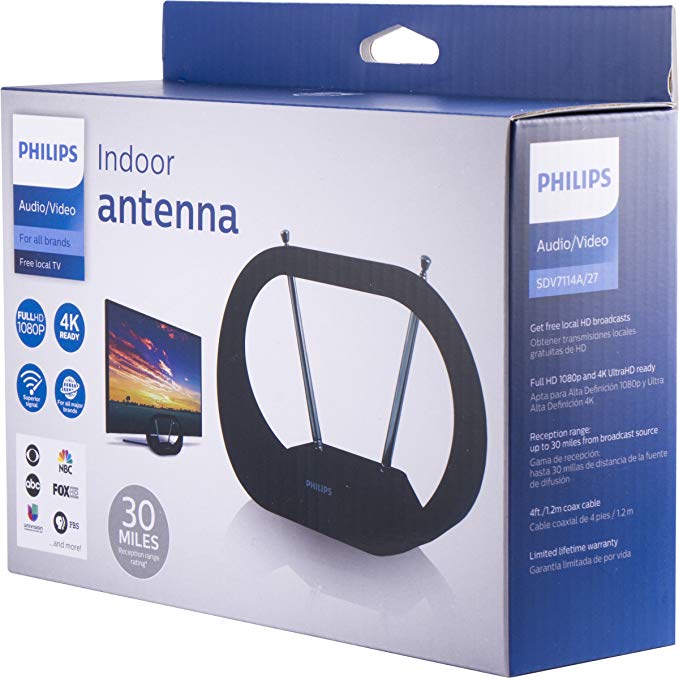 Philips Indoor TV Antenna, Modern Loop with 15 Inch Extendable Dipoles, Tabletop TV Antenna, Digital HDTV Antenna, Smart TV, 4K 1080P VHF UHF, Compact Design, 4ft Coaxial Cable, Black, SDV7114A/27